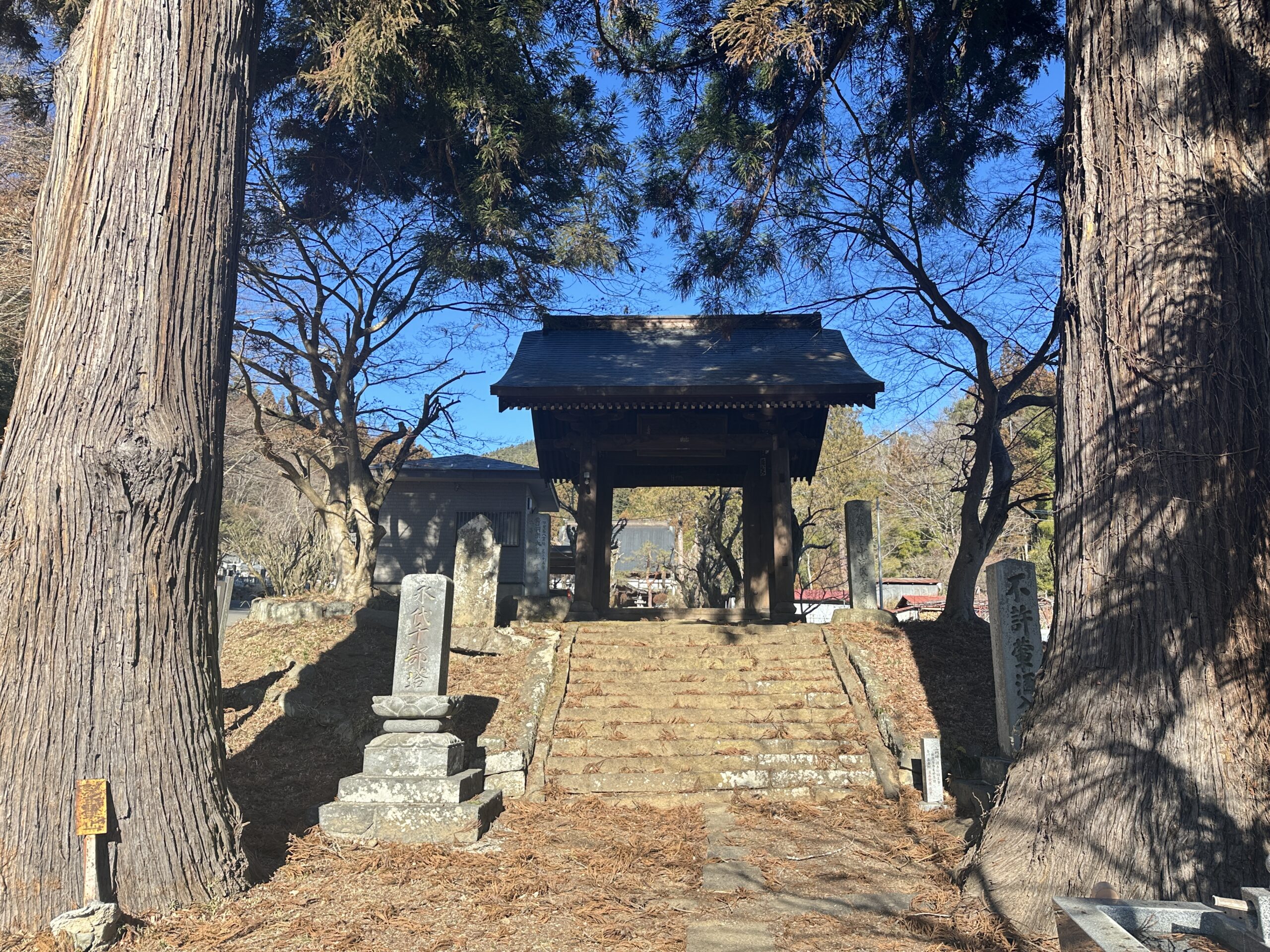 山梨県都留市にある大儀山長生寺の参道。巨木に囲まれた石段の先に山門が立ち、武田氏から小山田氏へと受け継がれてきた祈りの時間を感じさせる風景